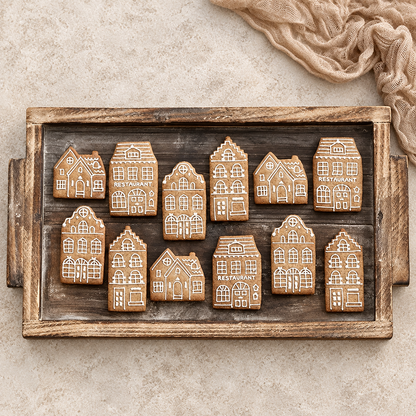 House cookies decorated with white icing on a rustic wooden tray
