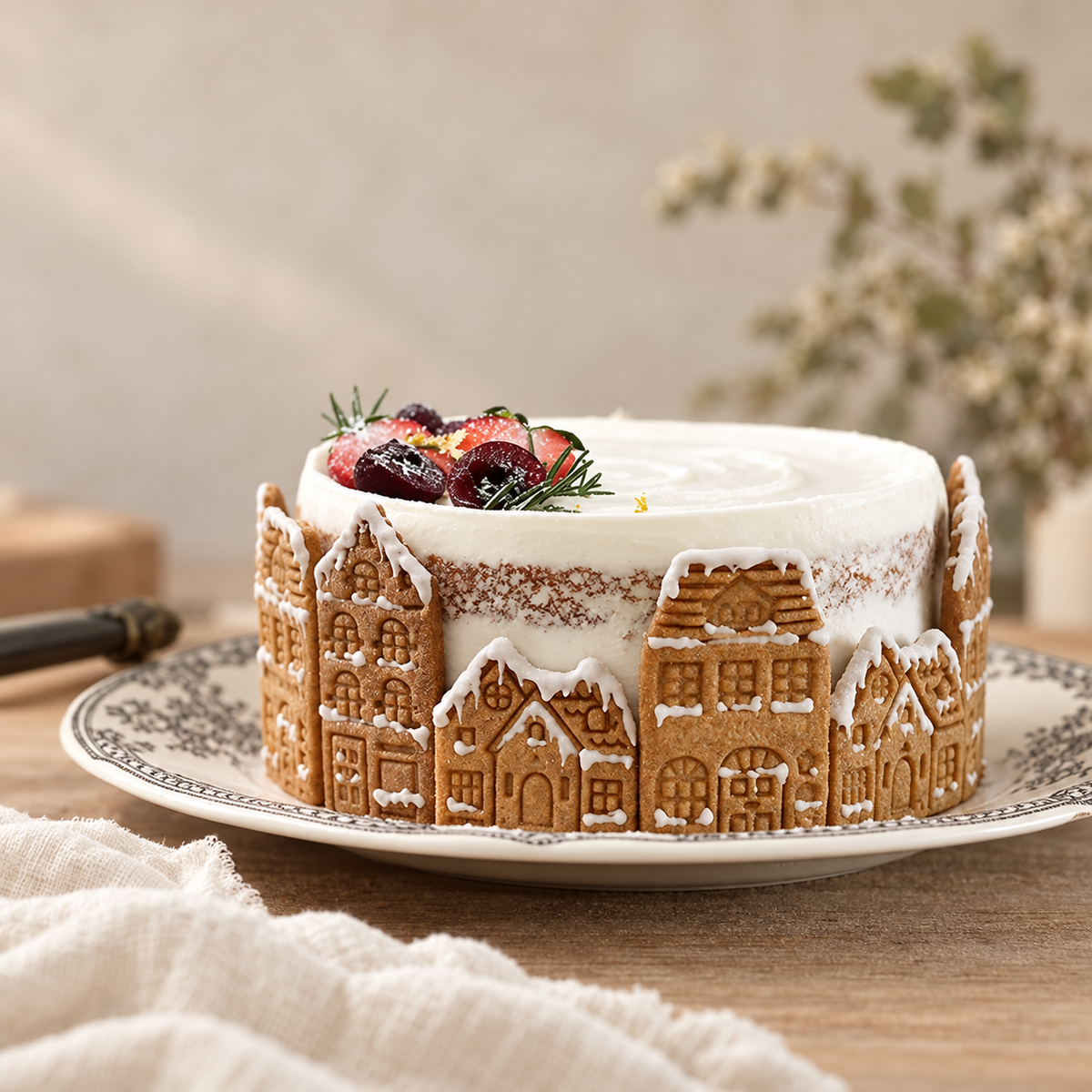 Cake decorated with house-shaped cookies; serving inspiration
