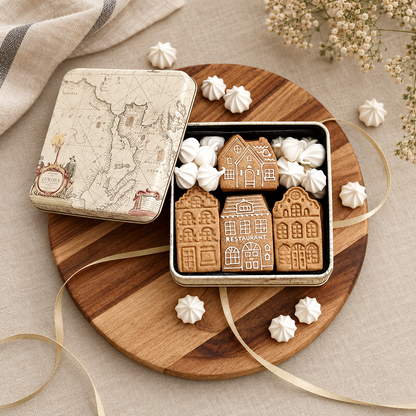 House cookies and meringues arranged in a gift tin; packaging inspiration