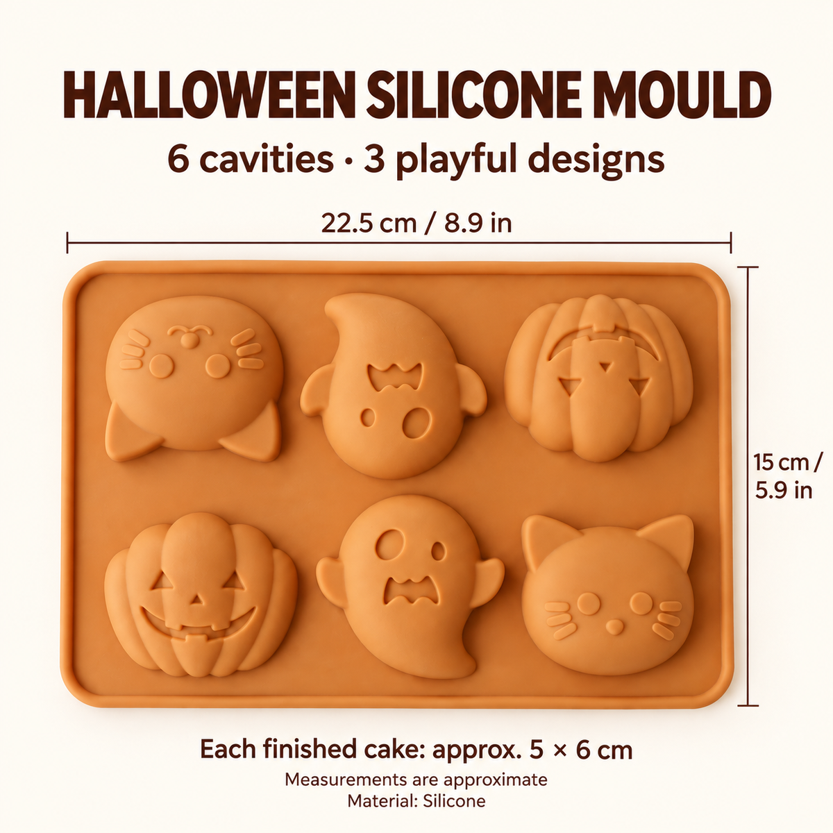 Six-cavity Halloween silicone mould with dimensions: 22.5 by 15 cm, with pumpkin, ghost and cat designs.
