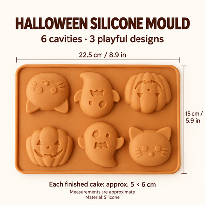 Six-cavity Halloween silicone mould with dimensions: 22.5 by 15 cm, with pumpkin, ghost and cat designs.