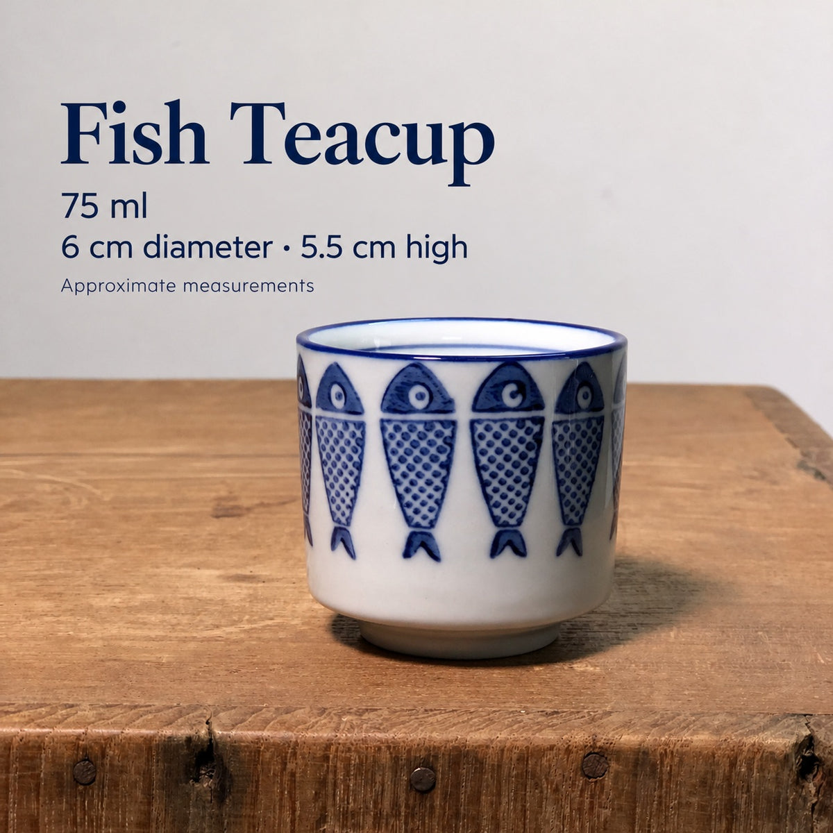 75 ml porcelain fish teacup size guide: 6 cm diameter and 5.5 cm high