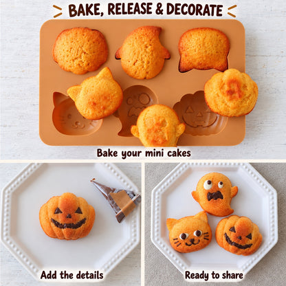 Three steps showing Halloween mini cakes baked in the silicone mould, gently released and decorated as pumpkins, ghosts and cats.