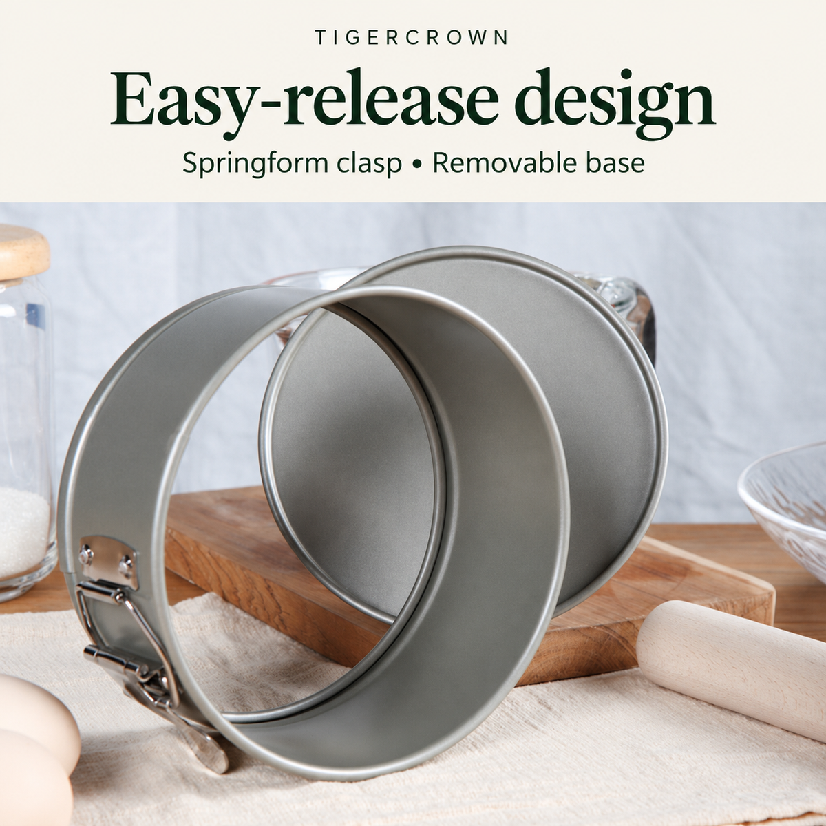 TIGERCROWN springform pan ring and removable round base with English feature information.