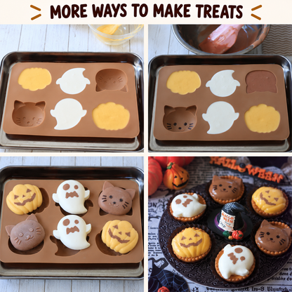 Four-panel demonstration of filling the Halloween silicone mould, setting and releasing desserts, and decorating chocolate-topped tarts.