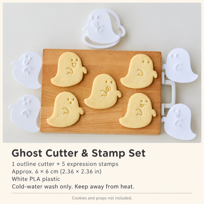 Ghost cutter set contents and approximate 6 by 6 cm dimensions