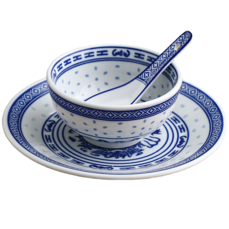 Blue & White Linglong Dessert Bowls, Plates & Spoon