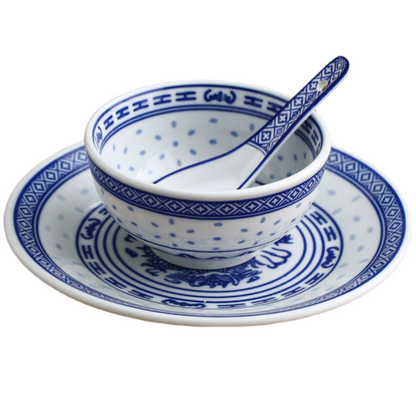 Coordinating Linglong bowl, plate and spoon shown together; each piece sold separately