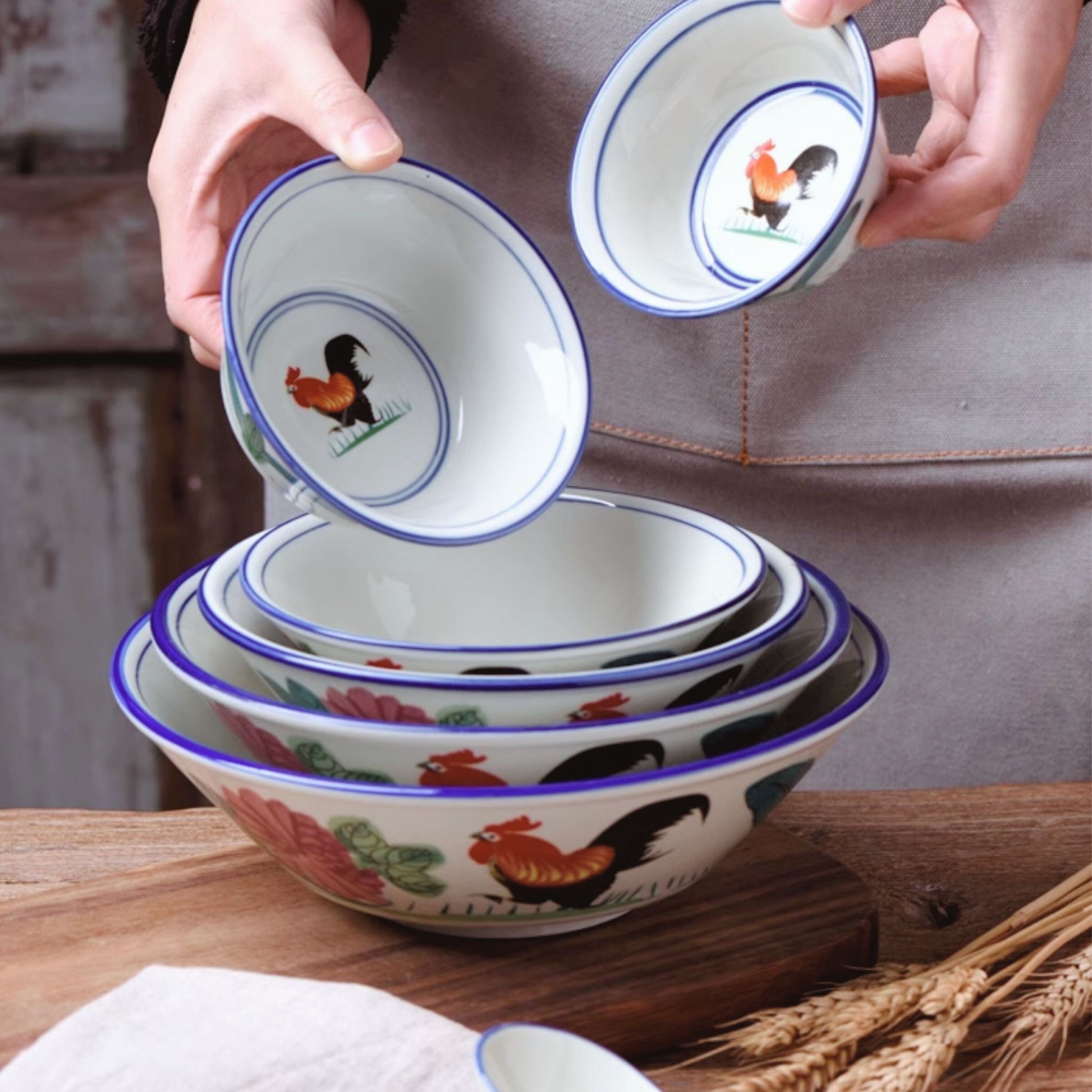 Hong Kong-style celadon ceramic rooster bowl, alternate view 3