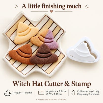 Witch-hat cookie cutter and stamp with approximate 4 by 2.8 cm dimensions