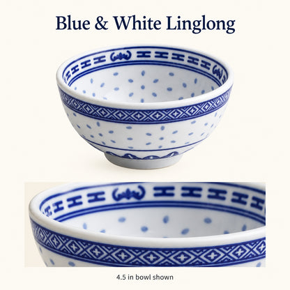 Blue-and-white Linglong porcelain bowl showing rice-grain pattern and rim detail