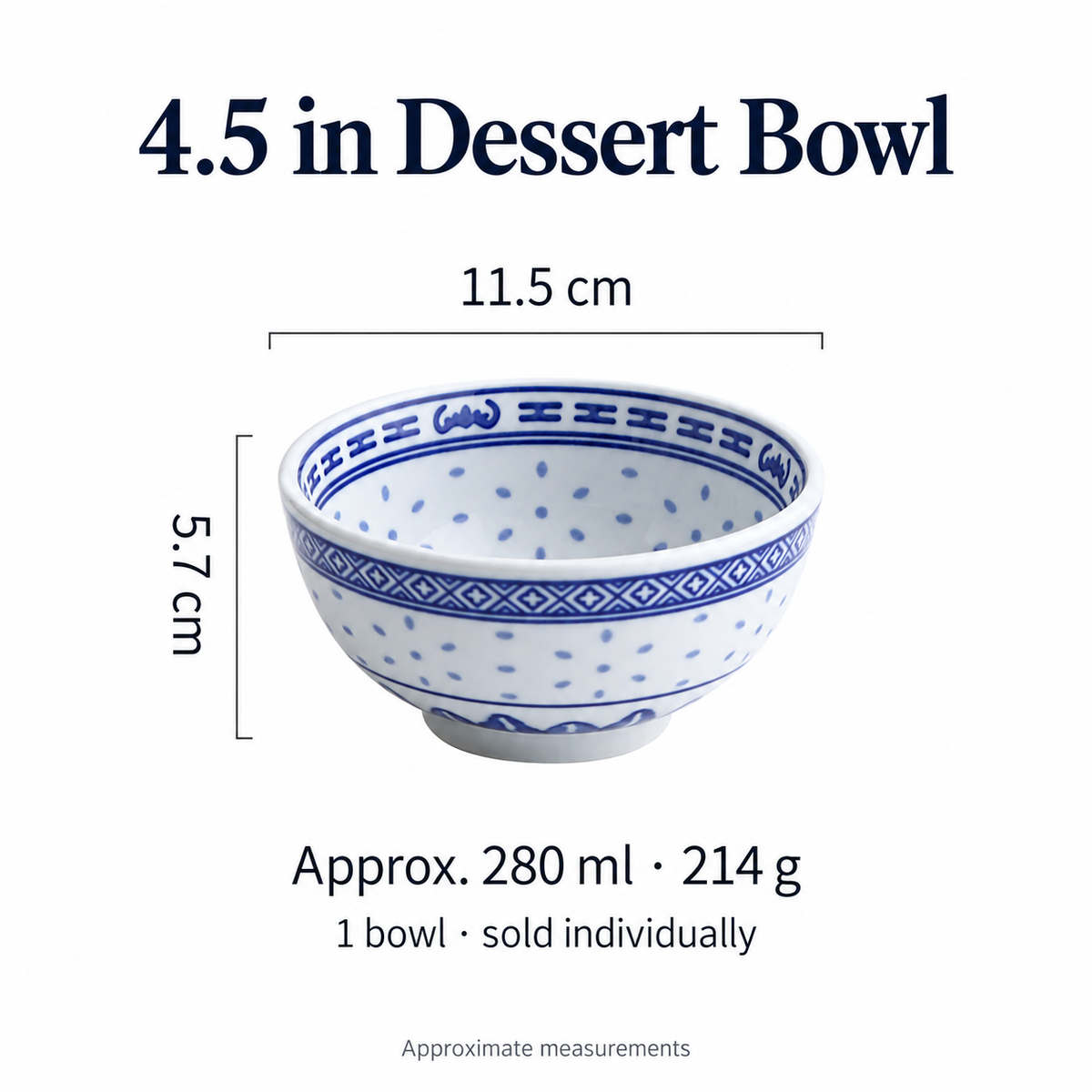 4.5 inch Linglong bowl size guide: 11.5 cm diameter, 5.7 cm high and 280 ml