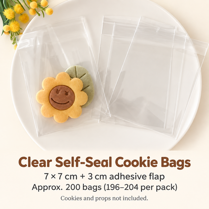 Clear self-seal cookie bags with 7 by 7 cm body and 3 cm flap