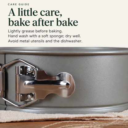 TIGERCROWN springform clasp close-up with hand-washing and care guidance.