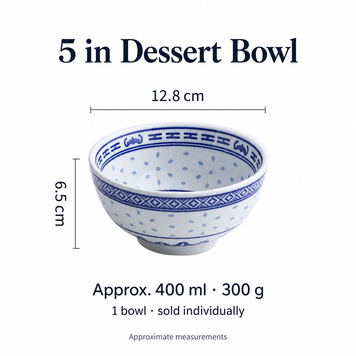 5 inch Linglong bowl size guide: 12.8 cm diameter, 6.5 cm high and 400 ml