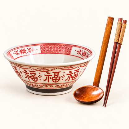 Red 7-inch Good Fortune bowl with wooden spoon and chopsticks on ivory background