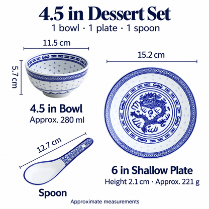 4.5 inch Linglong dessert set: 280 ml bowl, 6 inch shallow plate and 12.7 cm spoon, with dimensions