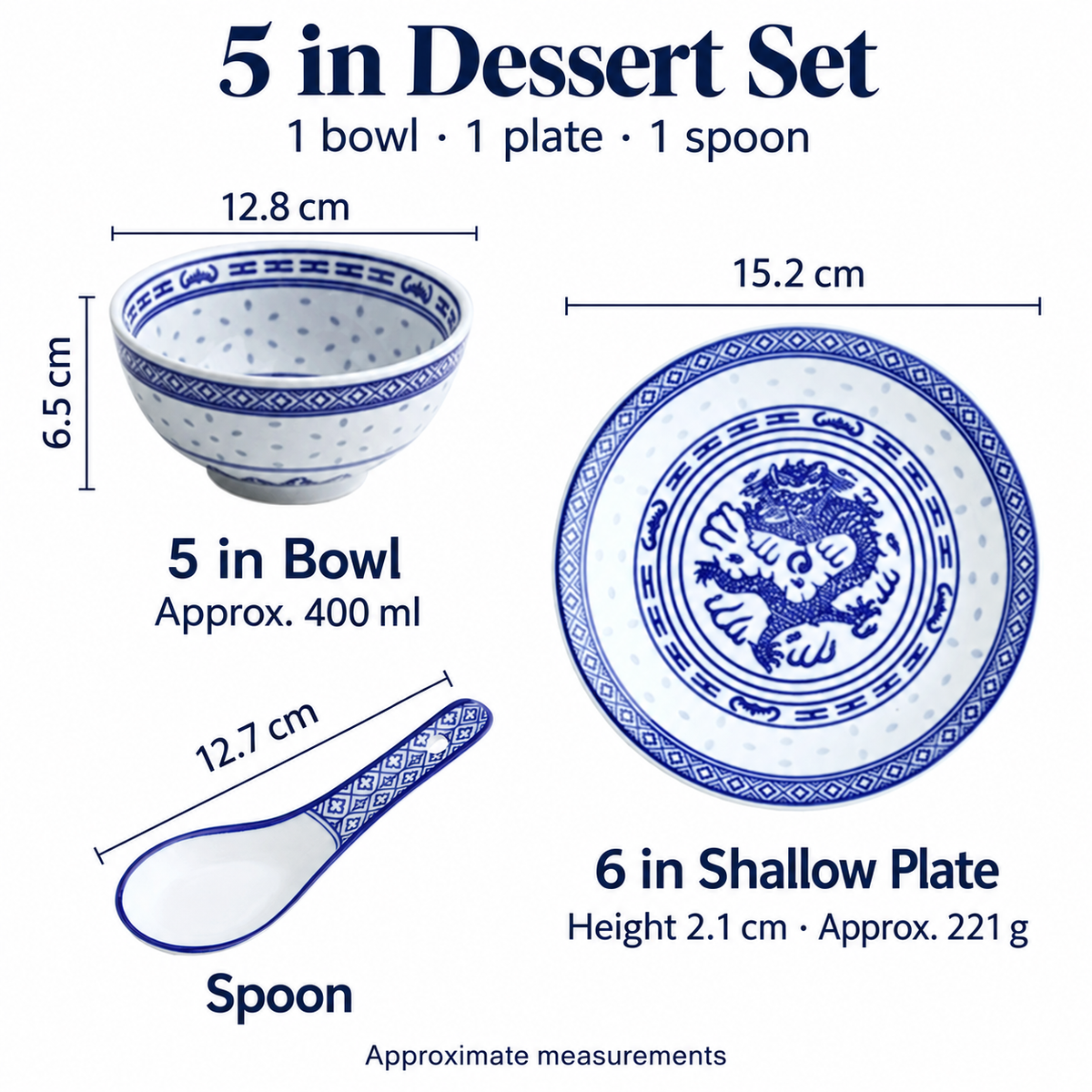 5 inch Linglong dessert set: 400 ml bowl, 6 inch shallow plate and 12.7 cm spoon, with dimensions