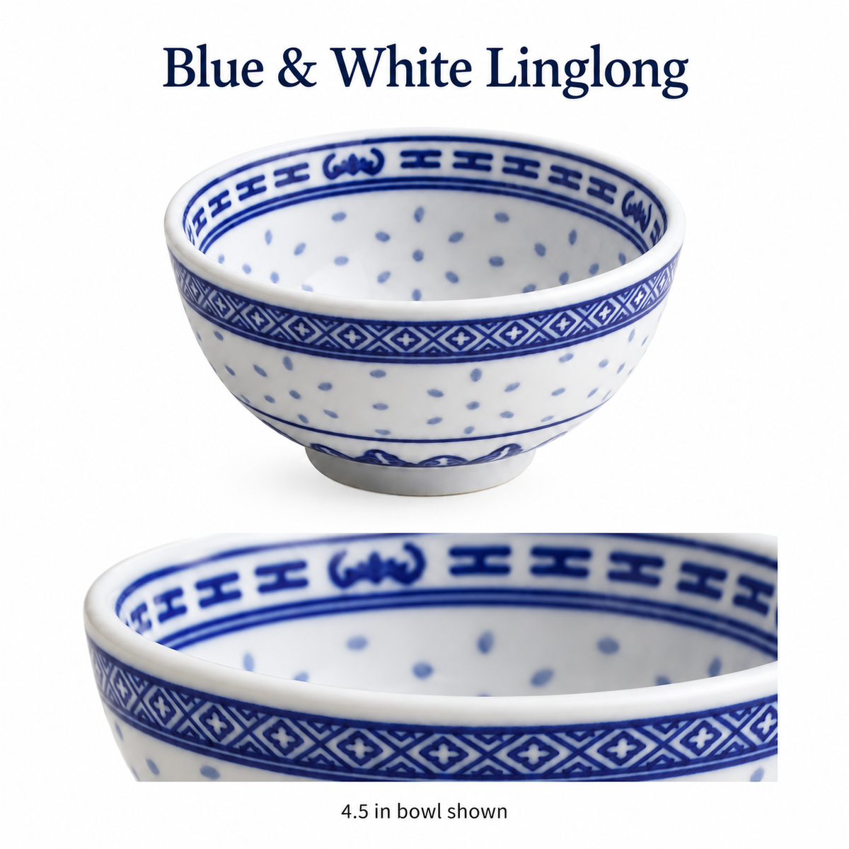 Blue & White Linglong Dessert Bowls, Plates & Spoon