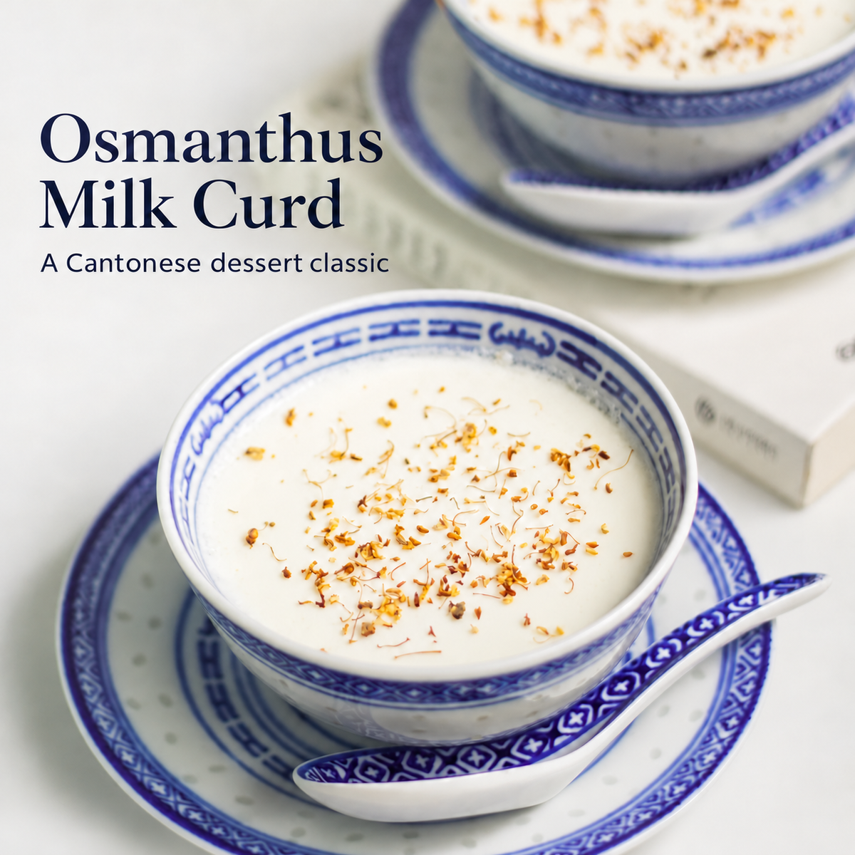 Osmanthus milk curd served in blue-and-white Linglong porcelain tableware. Photo by zhantao.