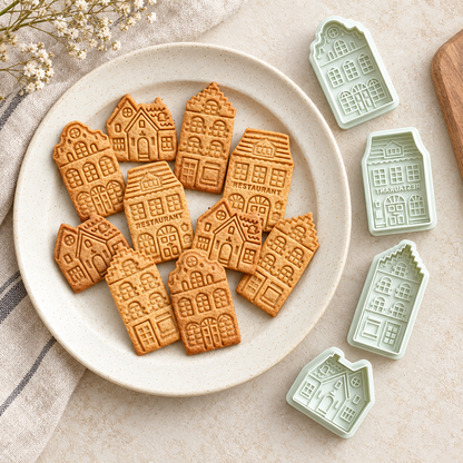 Four sage-green house cookie stamps beside golden house-shaped cookies on an ivory plate