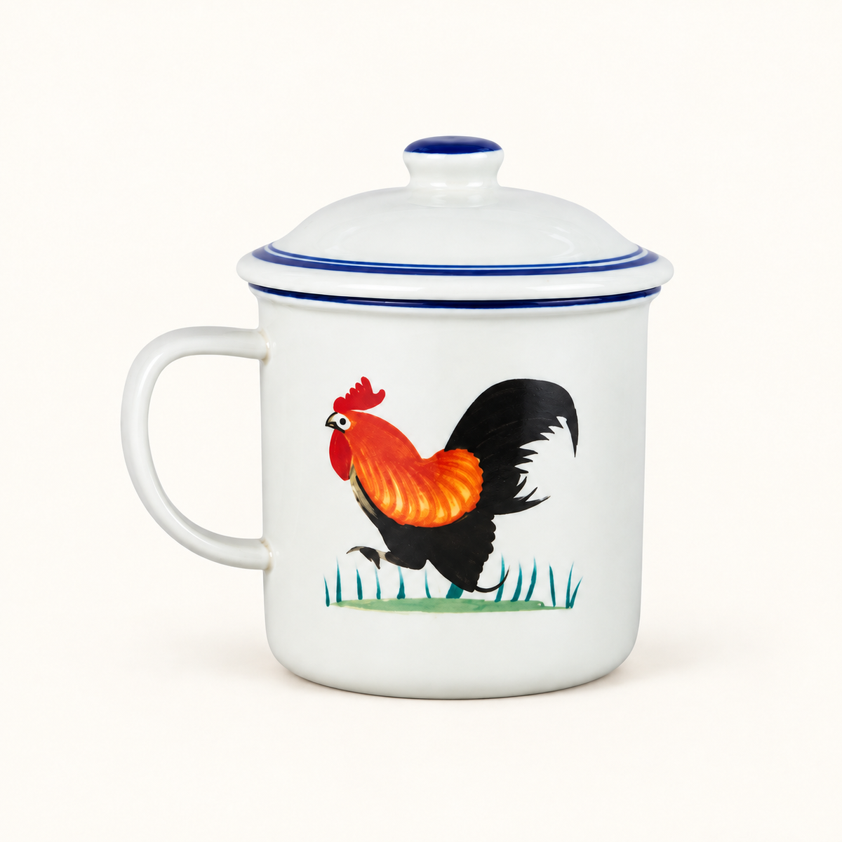 Ceramic rooster tea mug with matching blue-rimmed lid