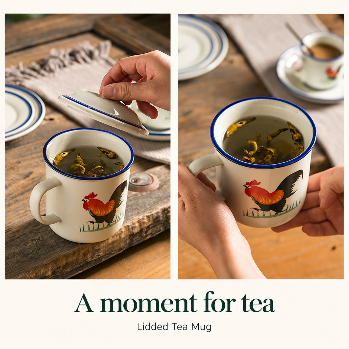 Rooster tea mug with removable lid shown in use