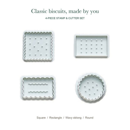 Four-piece vintage biscuit stamp and cutter set: square, rectangle, wavy oblong and round on a white background