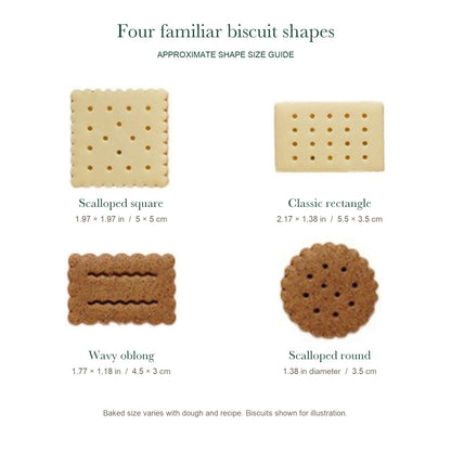 Biscuit shape size guide in inches and centimetres for all four designs