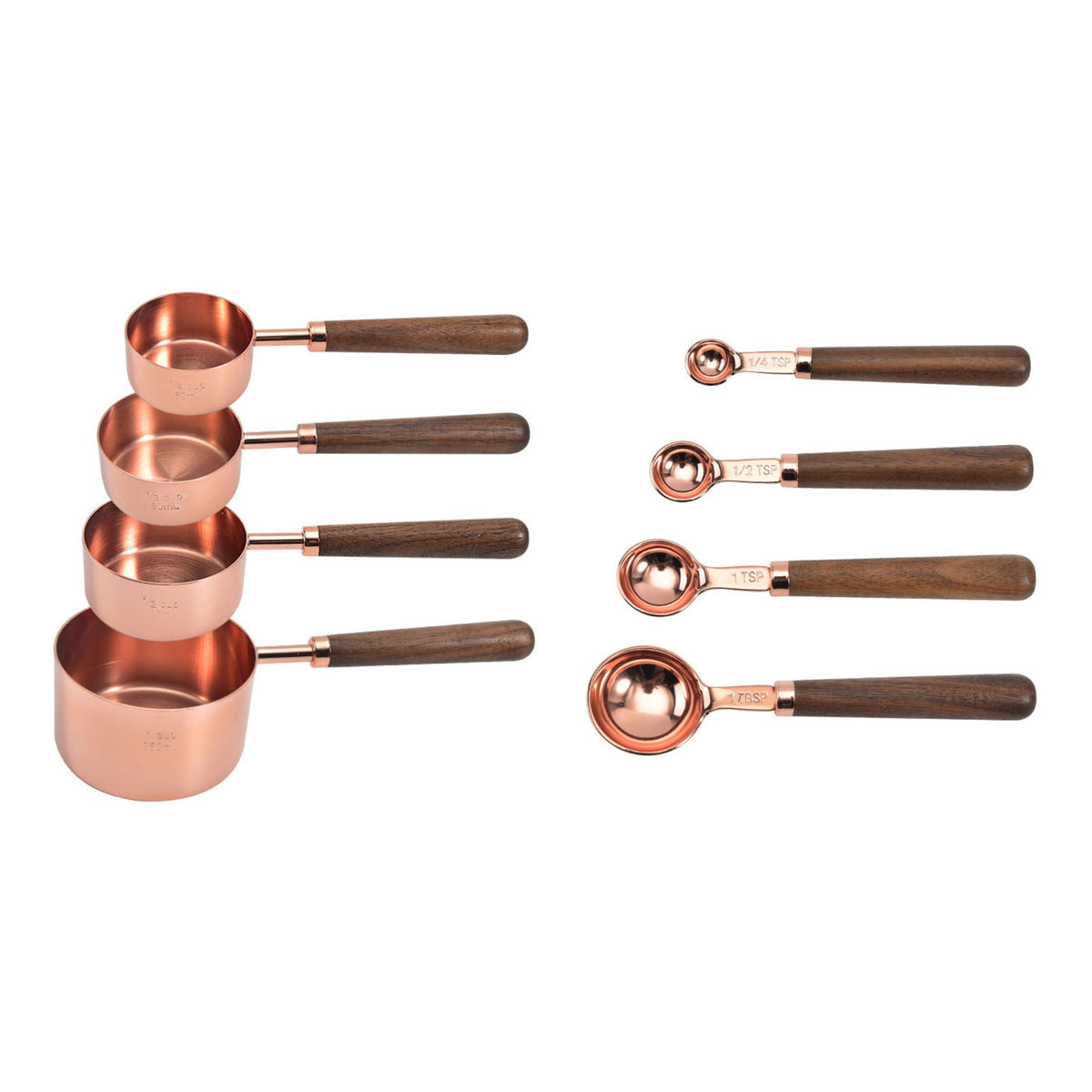 Original product photos showing four copper-finish measuring cups and four measuring spoons with wooden handles
