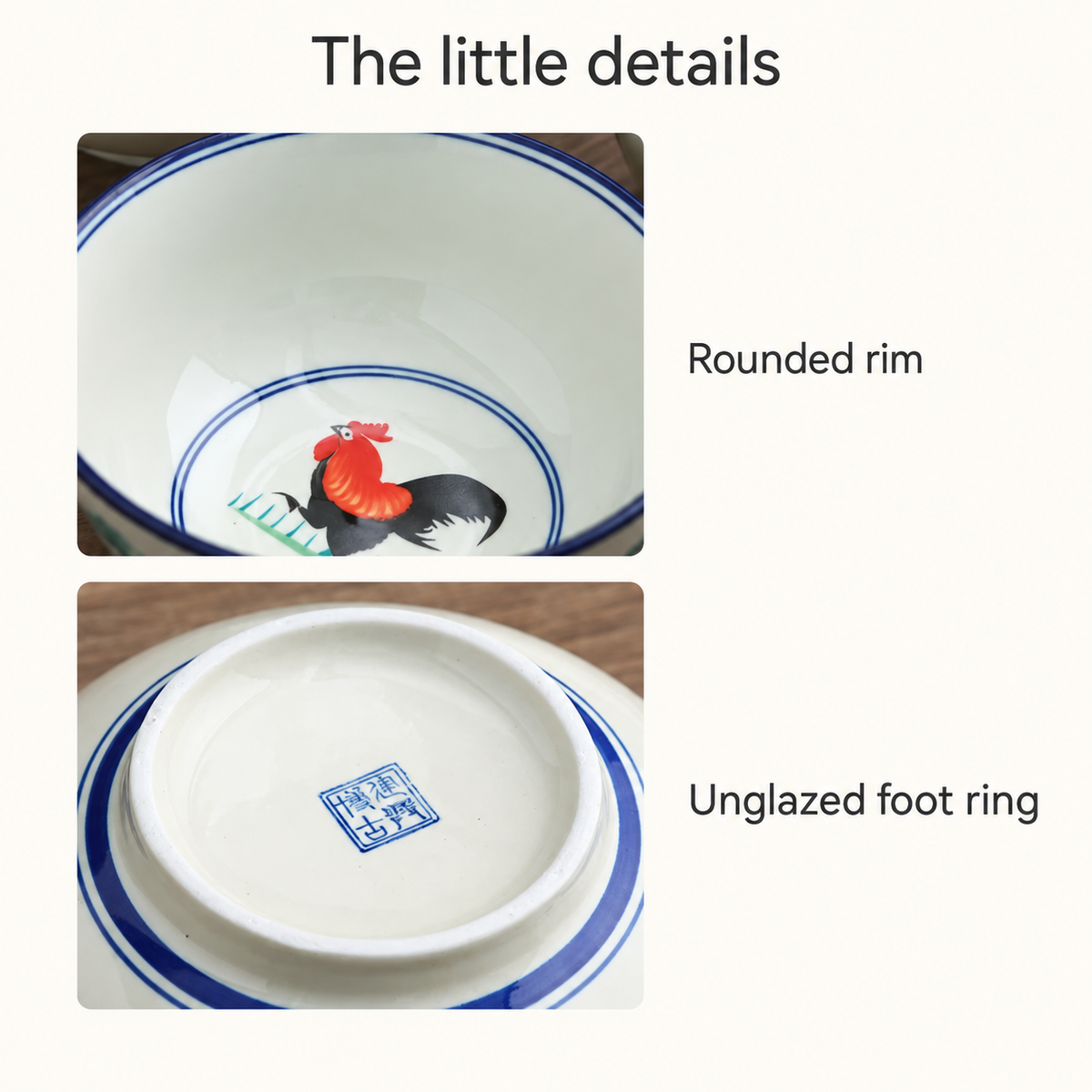 Rounded rim and unglazed foot ring of the ceramic bowl