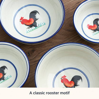 Classic rooster motifs inside ceramic bowls