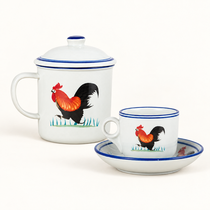 Vintage ceramic rooster lidded tea mug and coffee cup with saucer; two styles sold separately