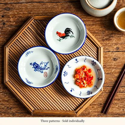 Three vintage dipping dish patterns on a bamboo tray, sold individually